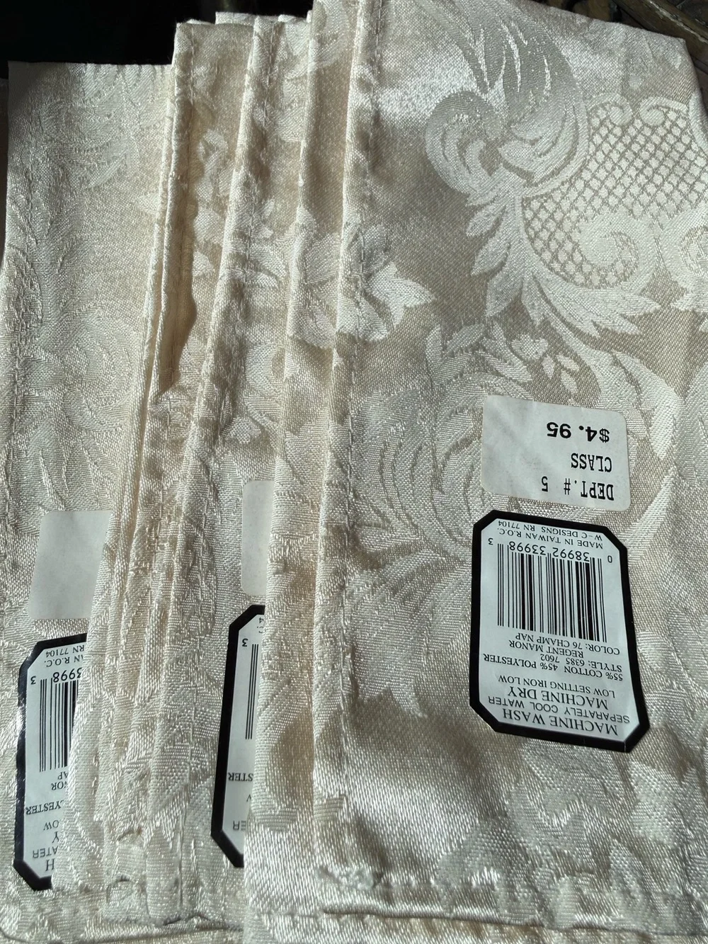 Set 5 Cream Damask Napkins Vintage Macy’s New Old Stock Elegant